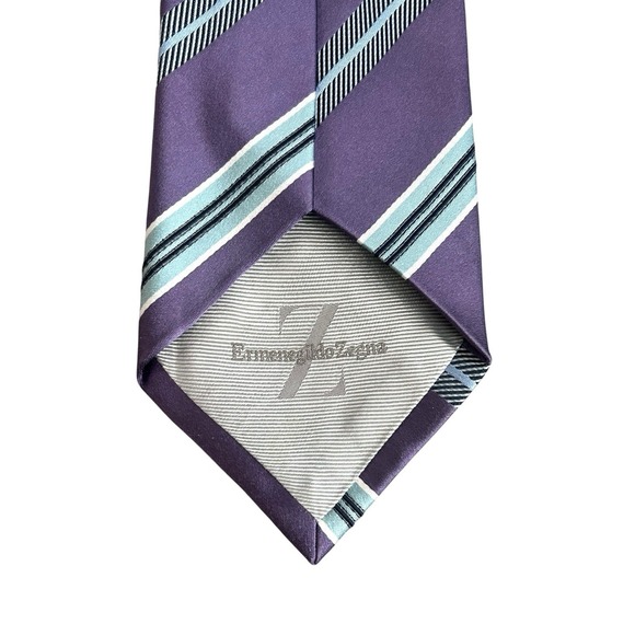 ERMENEGILDO ZEGNA Mens 100% Silk Necktie ITALY Luxury STRIPED Purple/Blue - Picture 6 of 7